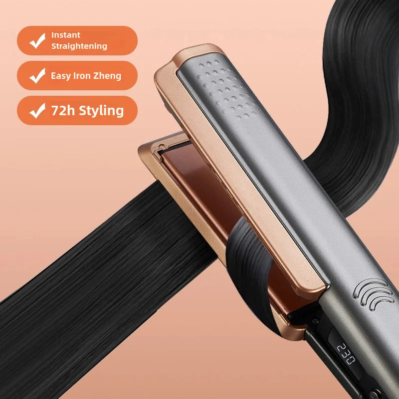 TINSOL 2-in-1 rose gold hair straightener and curling iron with LCD display, negative ion tech, and wide heating plates.