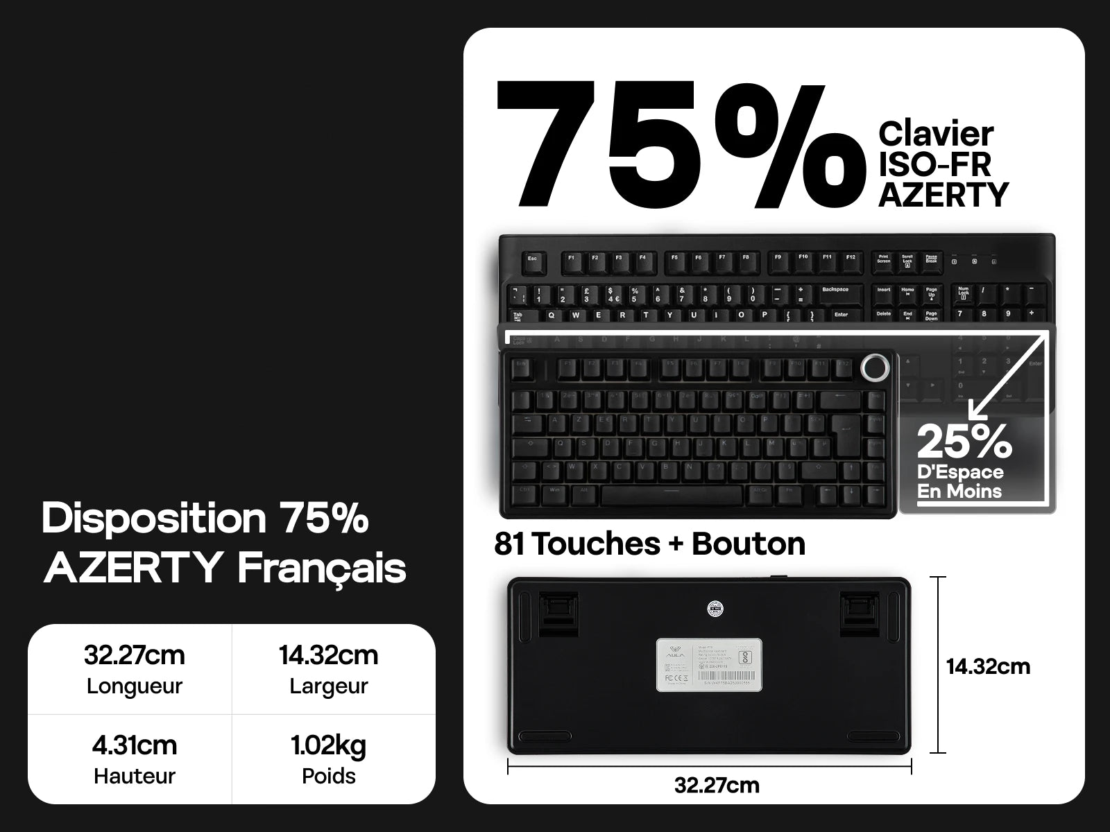 ISO-FR Layout AULA F75 75% AZERTY French Layout Wired/Bluetooth/2.4G Wireless Mechanical Gaming Keyboard RGB Backlighting 4000mAh Battery For Win/Mac
