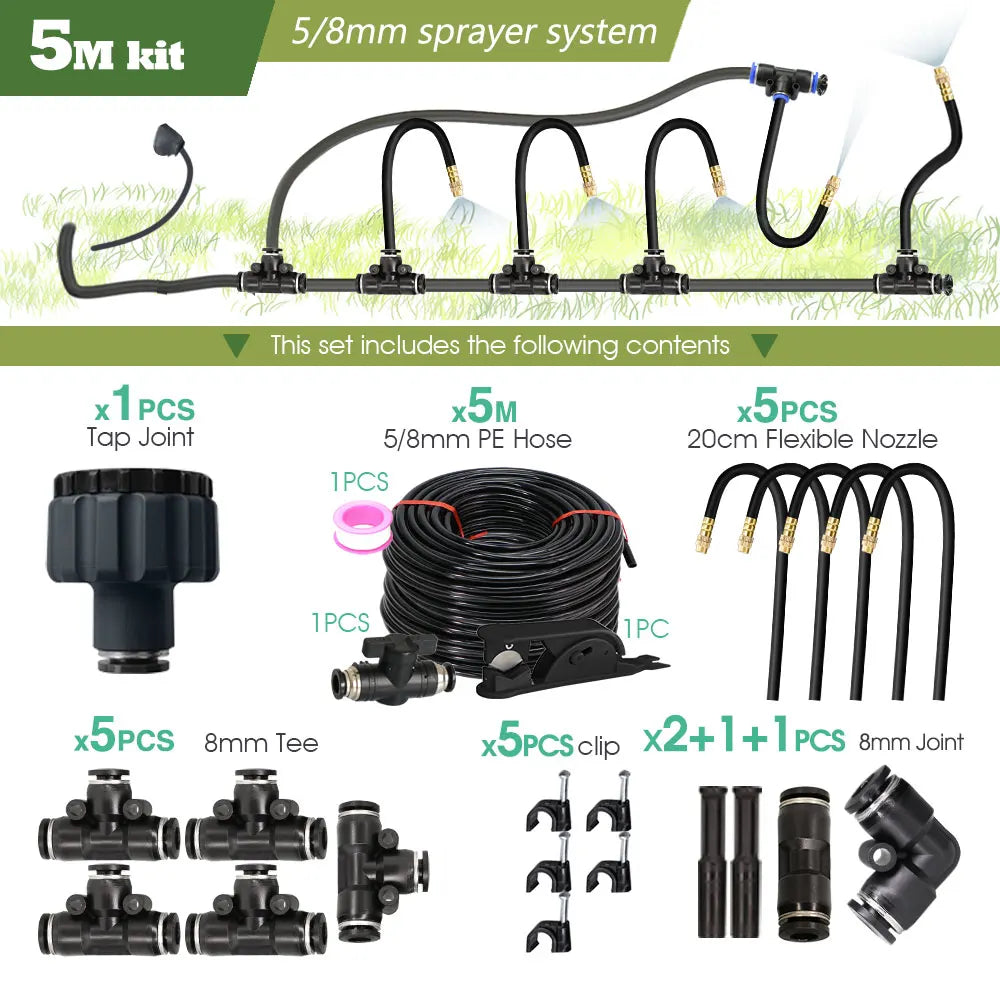 Spray kit components set: tap joint, 5m 5/8mm PE hose, 20cm nozzles, connectors