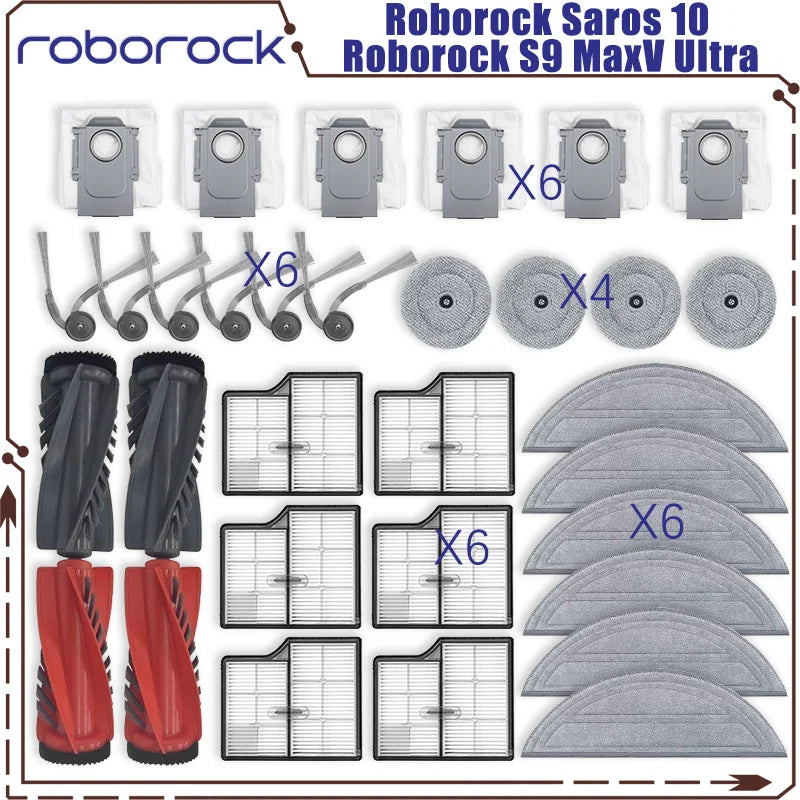 Tidesmit replacement parts set for Roborock Saros 10 and S9 MaxV Ultra including brushes, filters, mops, and dust bags