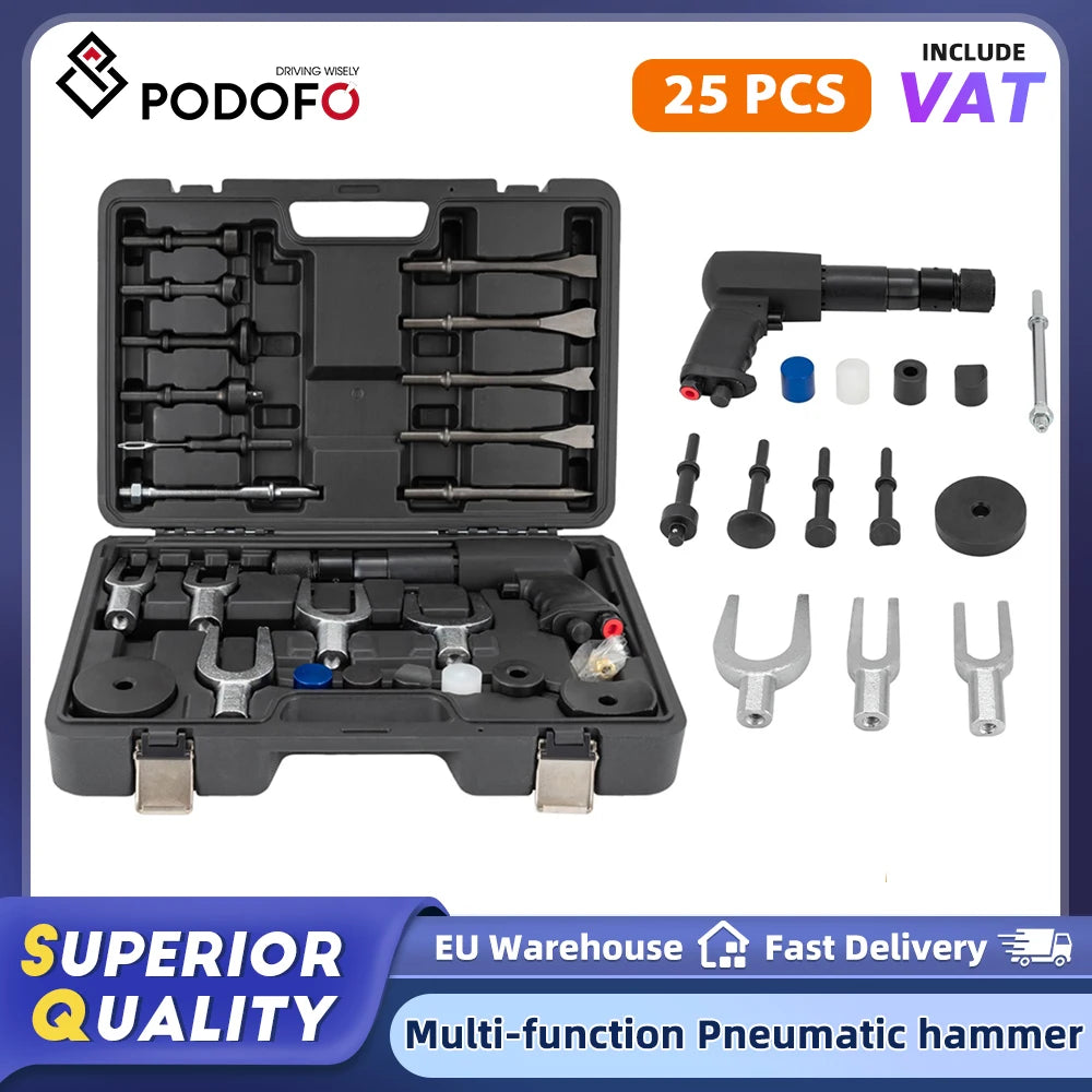 Podofo  25 PCS Air Hammer Kit Multi-functional Pneumatic Hammer 2100 BPM Quick Change Retainer Air Hammer Auto Repair Tool