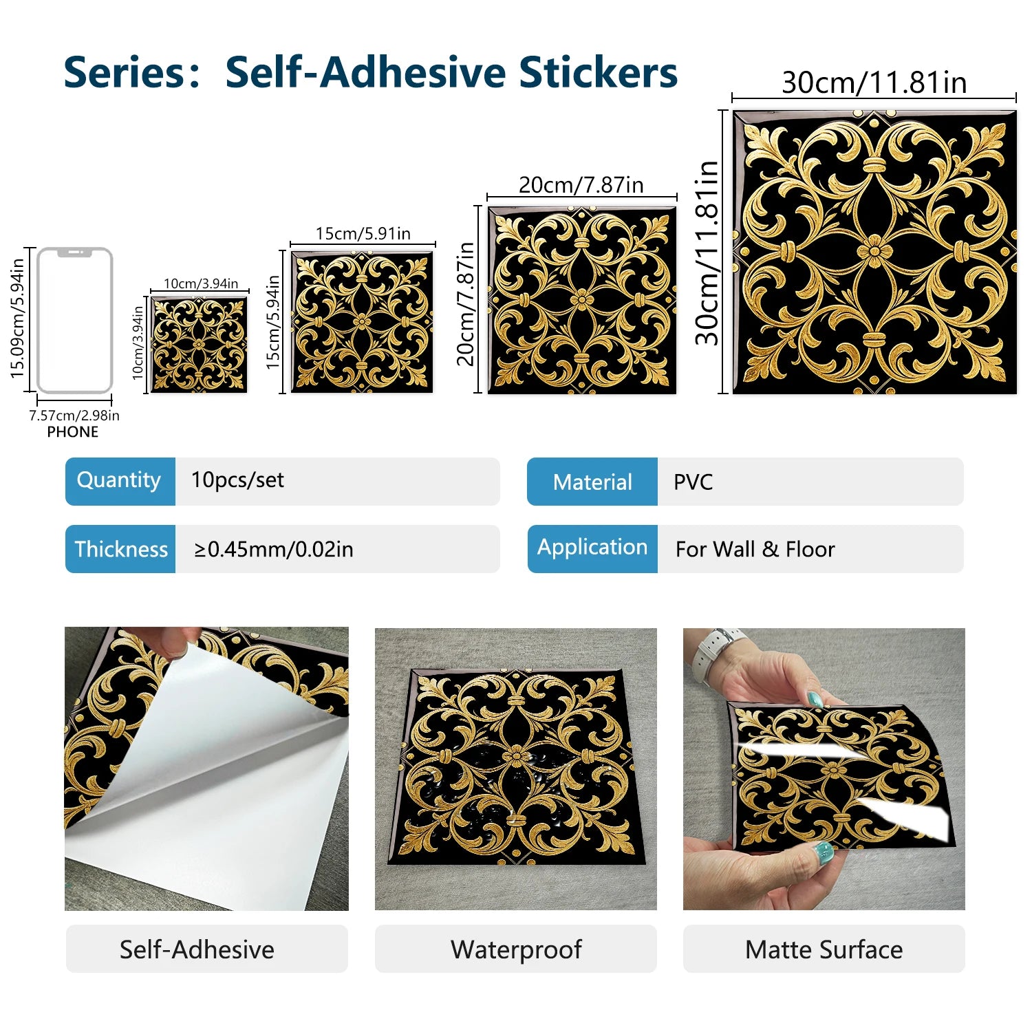 20pcs Classic Black Gold Ornate Baroque Style Tile Transfers Waterproof Stickers for Home Renovation