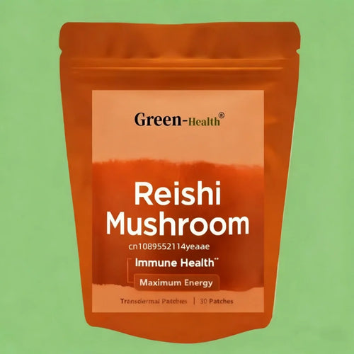 Green-Health Reishi mushroom adaptogen transdermal patch pouch for immune health and energy.