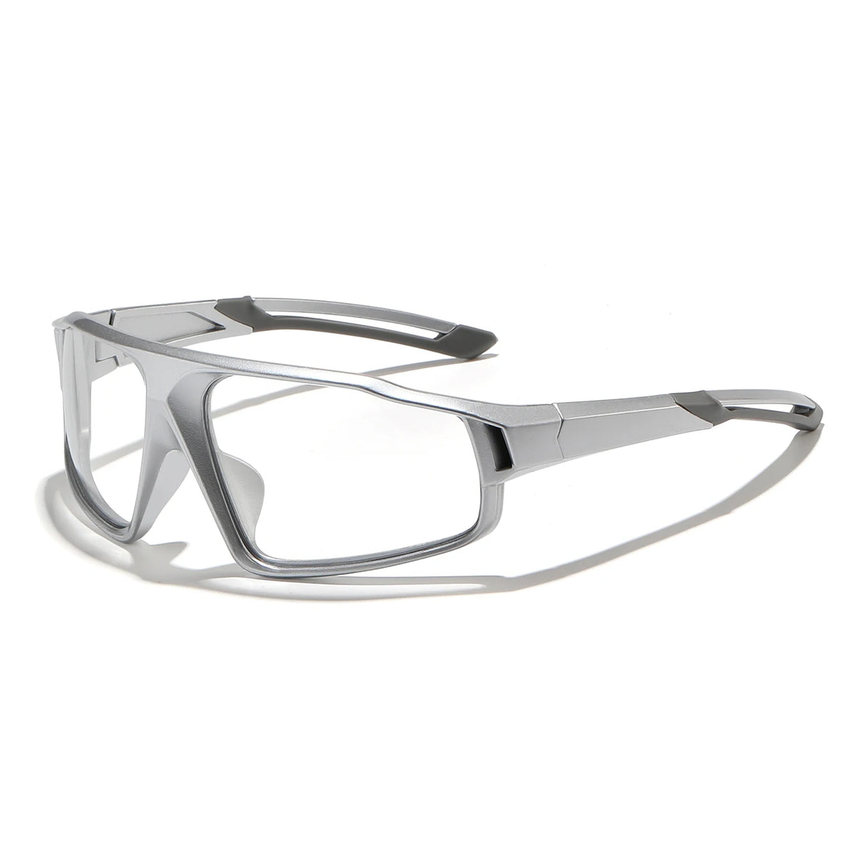 Silver-gray sports photochromic eyeglasses with clear lens panels