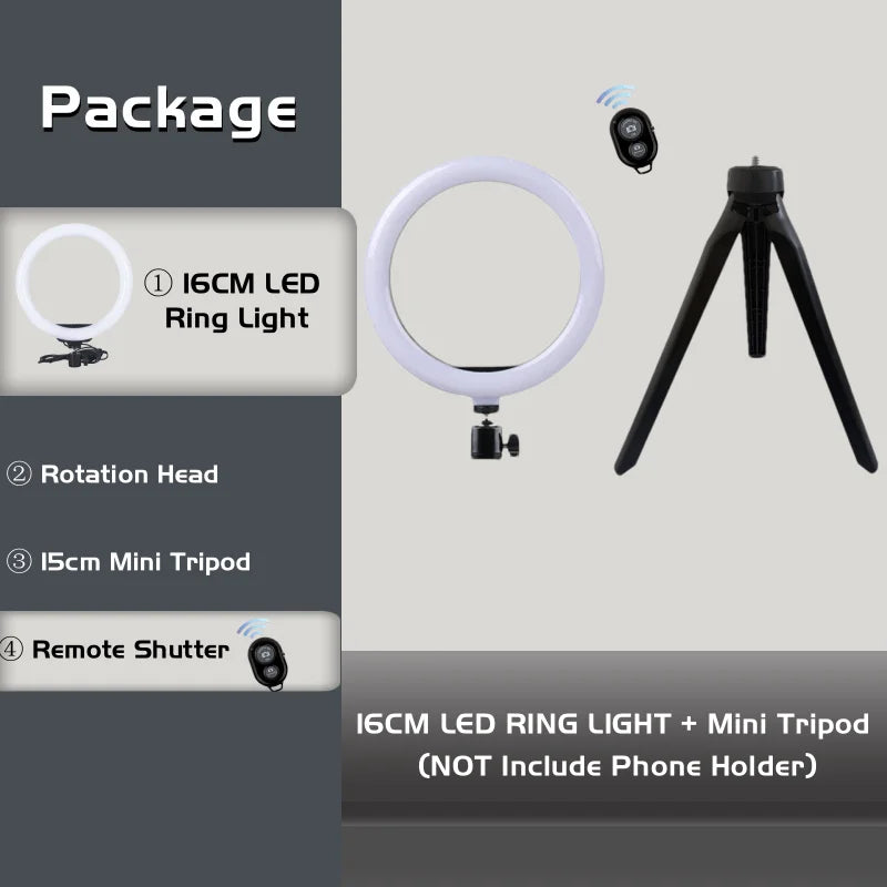 16cm LED ring light, black rotation head, 15cm mini tripod, and remote shutter for photography and video lighting.