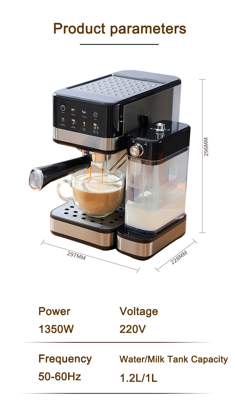 Black and silver 1350W espresso machine with 1.2L water tank and 1L milk frother, displaying product dimensions.