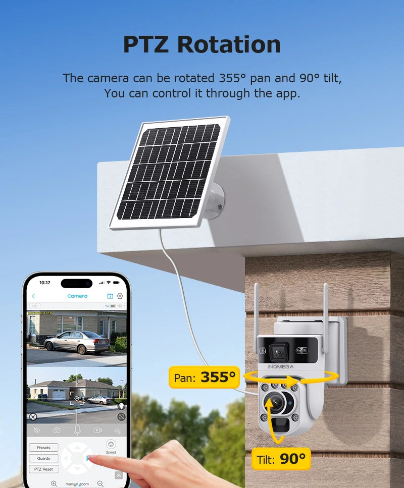 INQMEGA 12MP 60X Optical Zoom 4G/WiFi Solar Camera Dual Screen PTZ PIR Detection Auto Tracking CCTV Surveillance Cameras Ubox