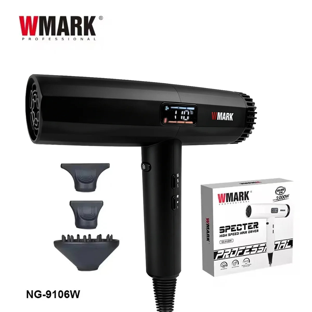 WMARK NG-9106W professional black hair dryer with digital display, three nozzle attachments, and 2000W salon power.