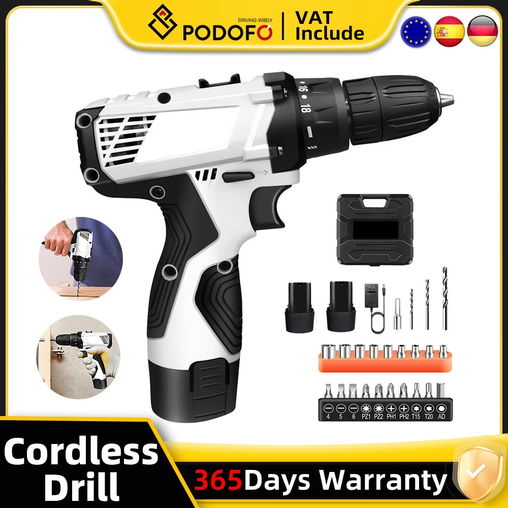 Podofo Cordless Drill Driver Kit with Battery 12V Multi-Function Electric Screwdriver Driver Tool Kit Home Repair DIY Power Tool