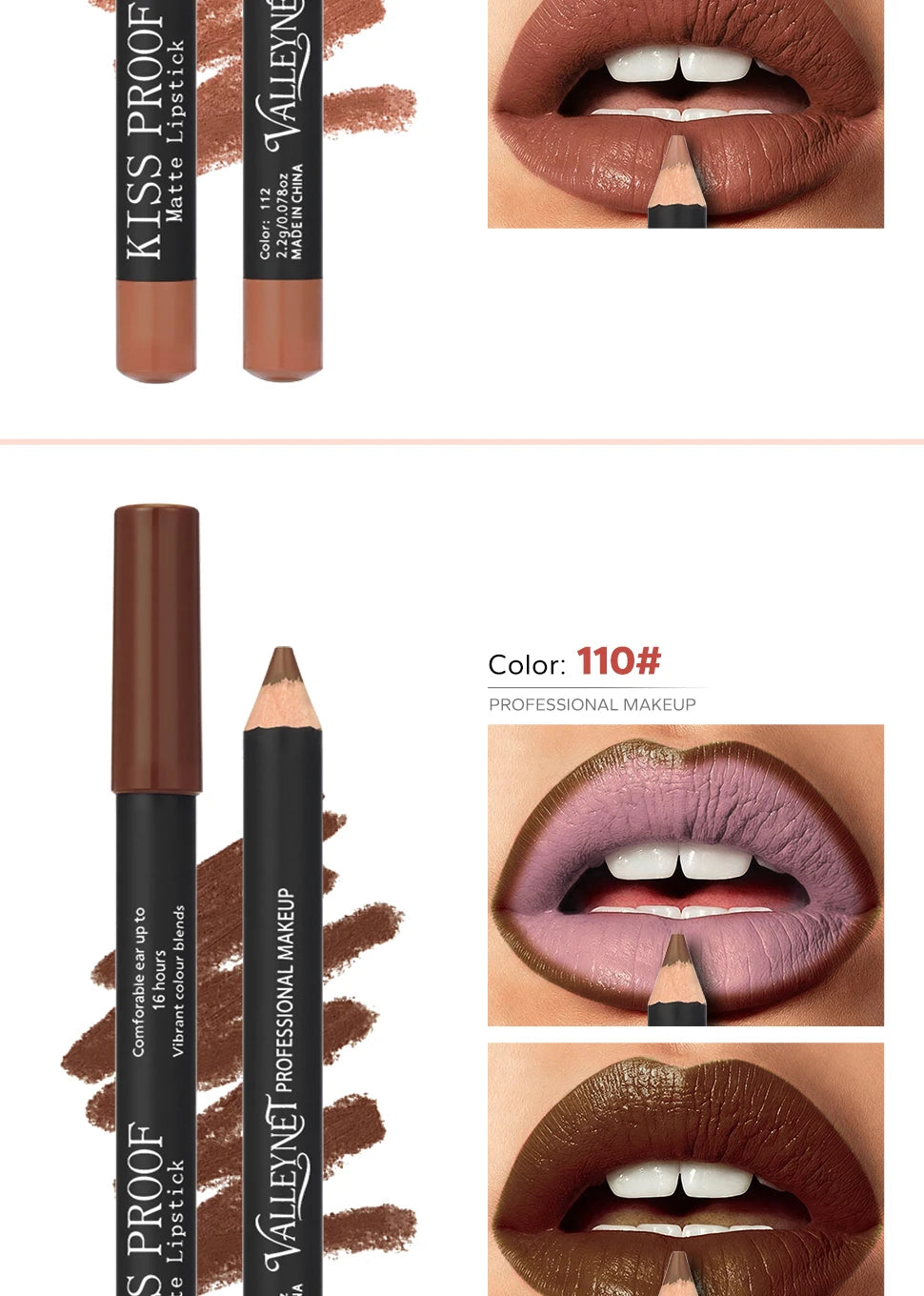 Set of 4 waterproof, velvet matte wood lipstick pencils in nude brown shades, showing long-lasting lip makeup application.