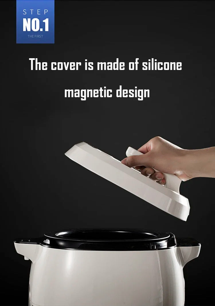 Automatic multi cooker with silicone magnetic lid cover being opened