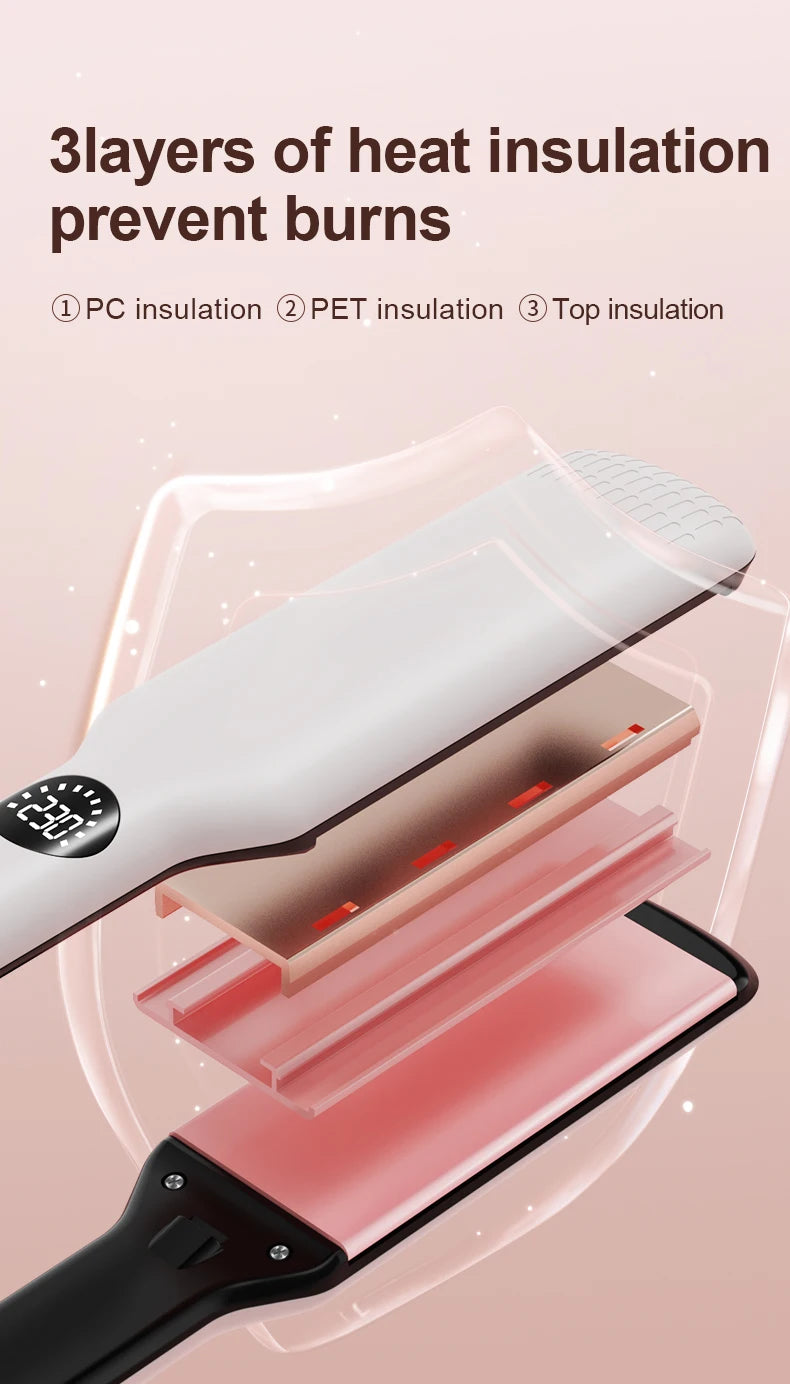 White hair straightener with 3-layer anti-burn insulation, digital display, and wide plates for salon-quality styling.