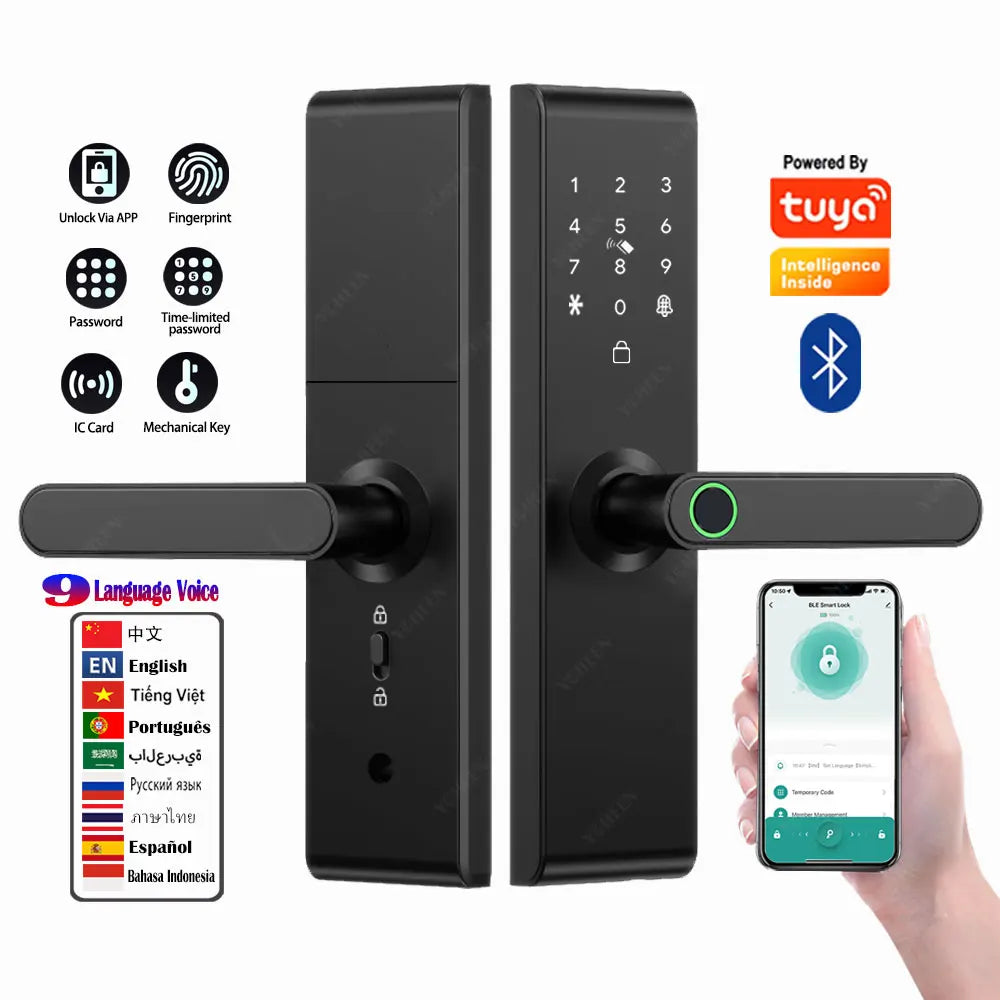 Keyless Tuya Bluetooth APP Digital Biometric Fingerprint Electric Smart Door Handle Key Card Lock with 5050 72 85 Mortise