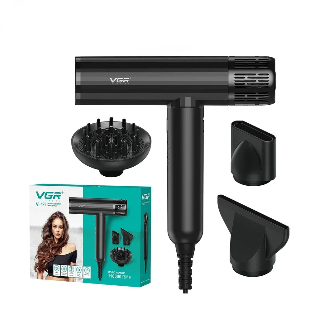 VGR V-427 black professional ionic hair dryer with 110k RPM brushless motor, diffuser, and styling nozzle attachments.