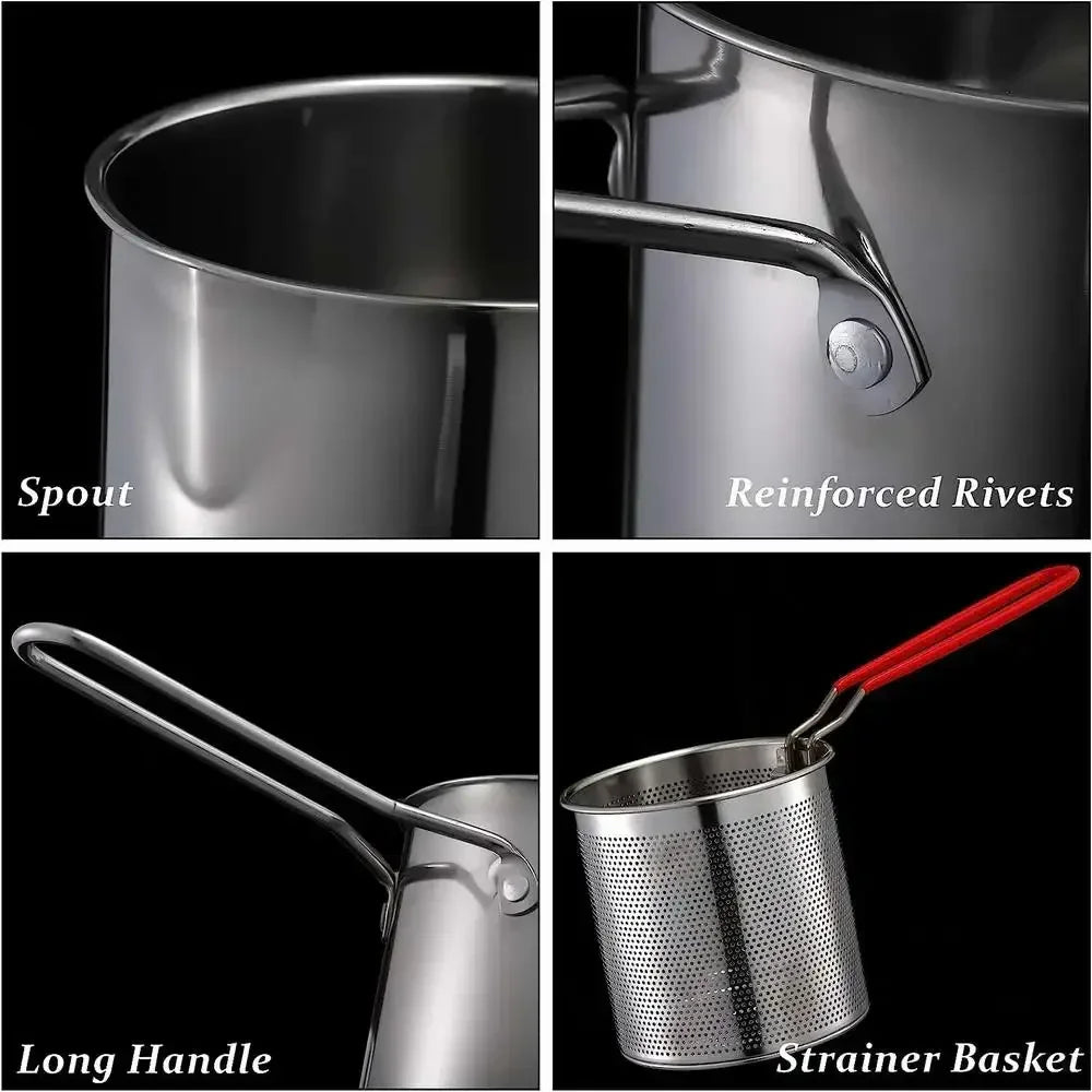 Stainless steel deep fryer parts: spout, reinforced rivets, long handle, strainer basket