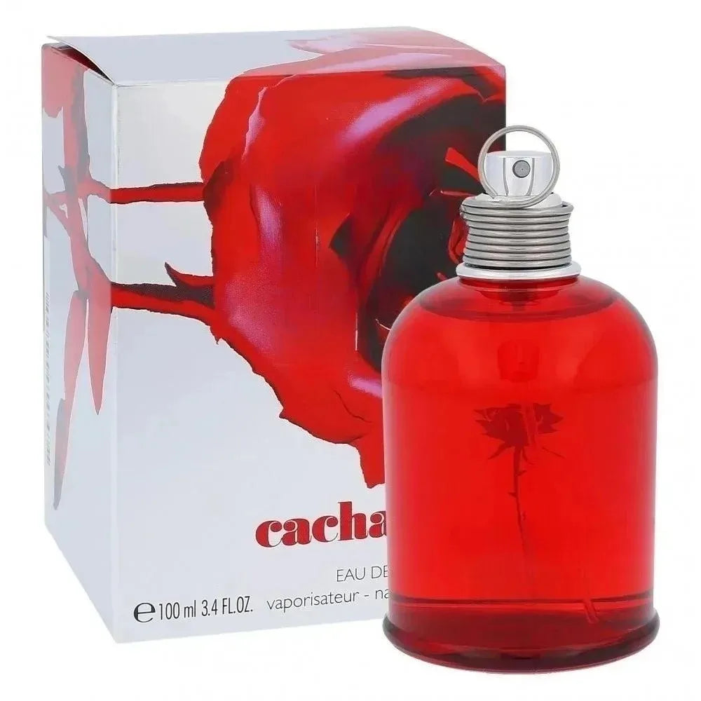 Cacharel Amor Amor EDT 100ml: Red floral rose scent, round glass bottle, romantic pheromone perfume for women.