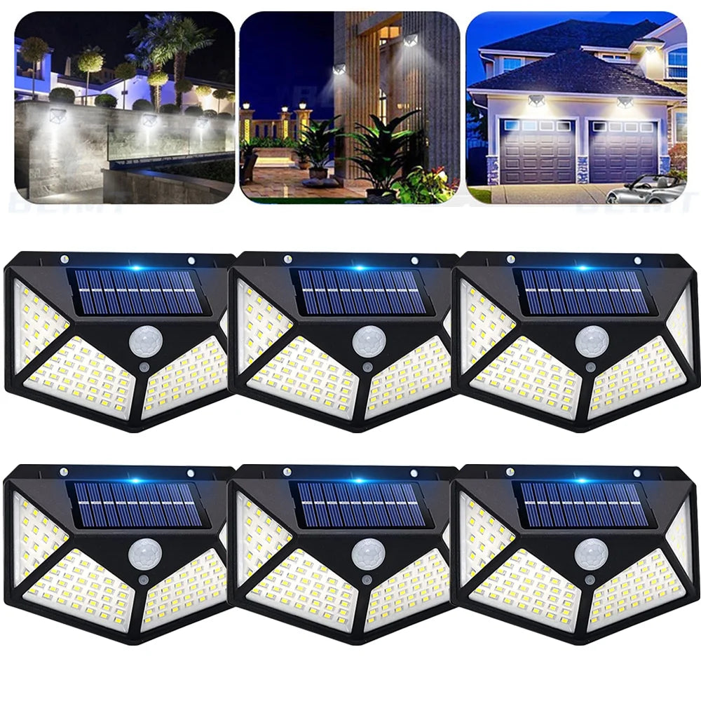 Solar Wall Lamp Outdoor Solar 100 LED Light 4 Sided Luminous Motion Sensor Waterproof Sunlight Garden Courtyard Decor Lighting