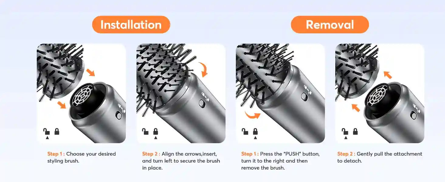 Bopcal 5-in-1 hair dryer: tutorial showing how to attach and remove styling brush heads on the grey hot air tool.