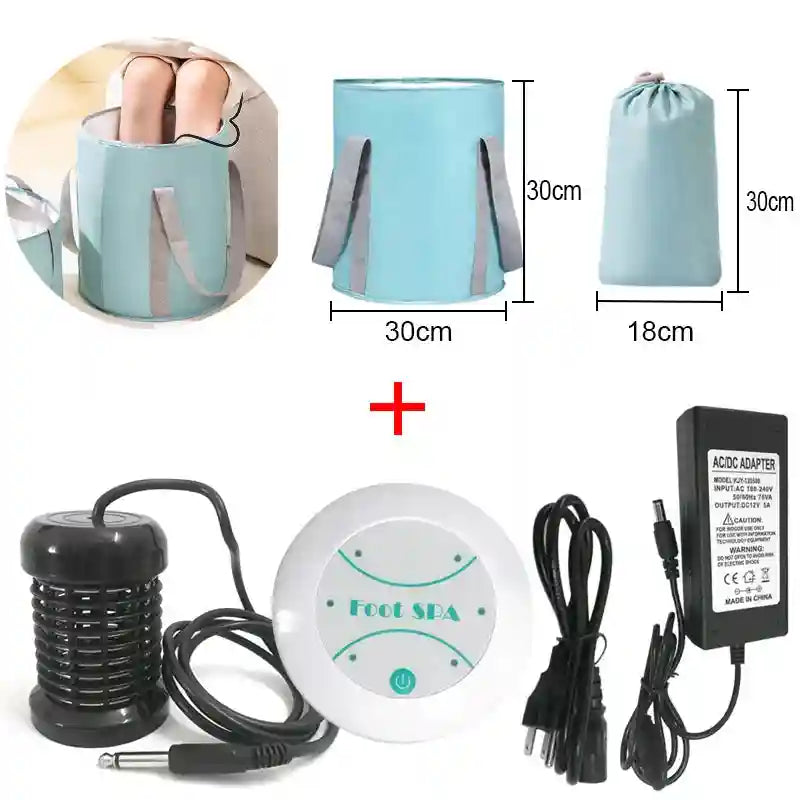Ionic foot detox spa machine with portable blue bucket, detox array, and power adapter for home therapy and relaxation.