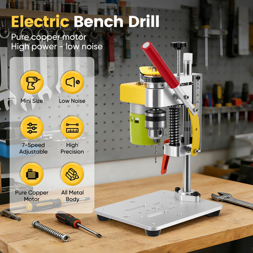 Electric benchtop drill press, yellow frame with red lever, on gray metal base