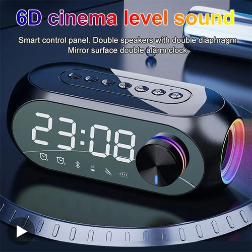 Black alarm clock radio Bluetooth speaker with large digital time display and control panel