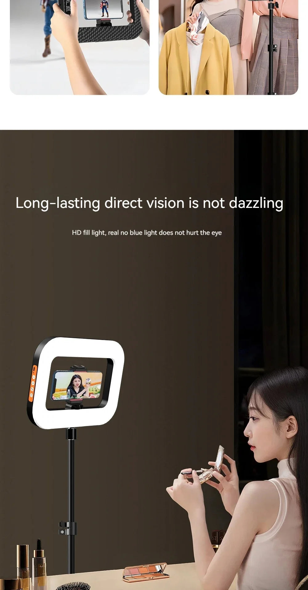 Square LED ring light on a black adjustable stand, holding a smartphone for recording, streaming, or makeup application.