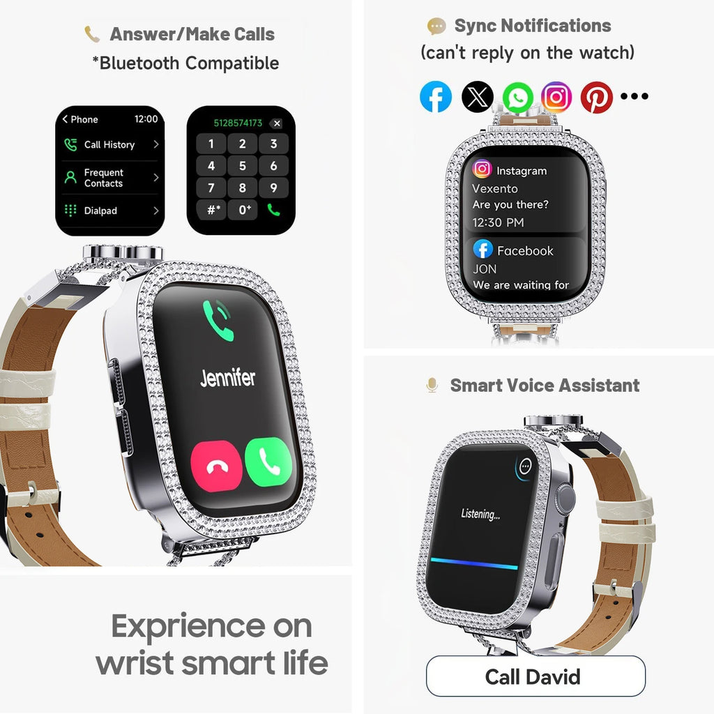 Women Luxury Smartwatch with Sparkling Rhinestones & Metal Wristband, Interchangeable Straps. Features BT Calling, Heart Rate Tracking, Wireless Charging, 110+ Exercise Modes, 3ATM Waterproof, AMOLED Touchscreen, 7-Day Batter