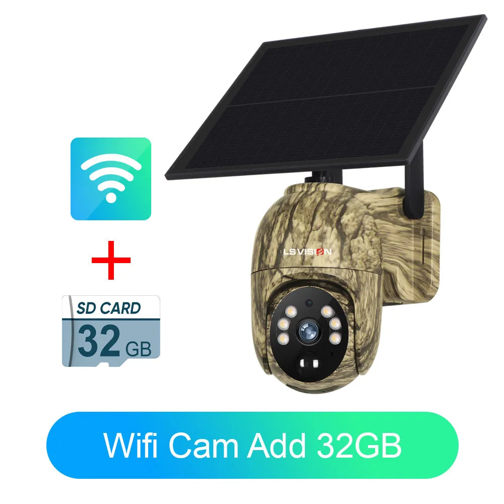 Camouflage outdoor solar security camera with front lens and angled solar panel housing