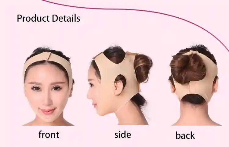 A beige, elastic V-line face slimming bandage shown from front, side, and back views on a woman.
