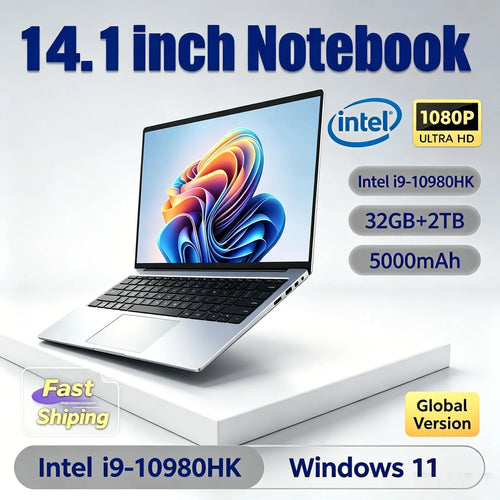 Silver 14.1-inch laptop with thin bezels, black keyboard, large trackpad, and side ports on a white display surface.