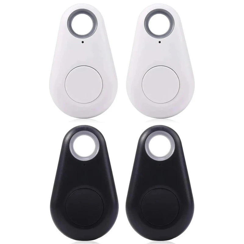 Mini wireless Bluetooth GPS trackers in black and white for pet collars to prevent loss via smartphone app locator.