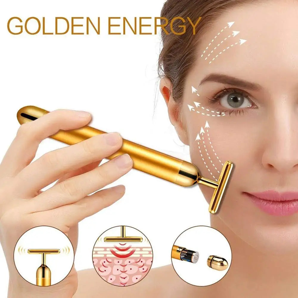 A woman uses a gold T-shaped electric vibrating facial massager. Insets show vibration, skin effect, and battery.