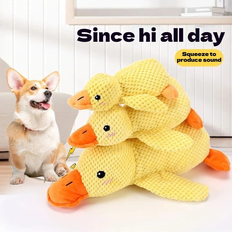 Corgi playing with a durable, yellow plush duck dog toy for teeth cleaning and boredom relief. Interactive pet squeaker.