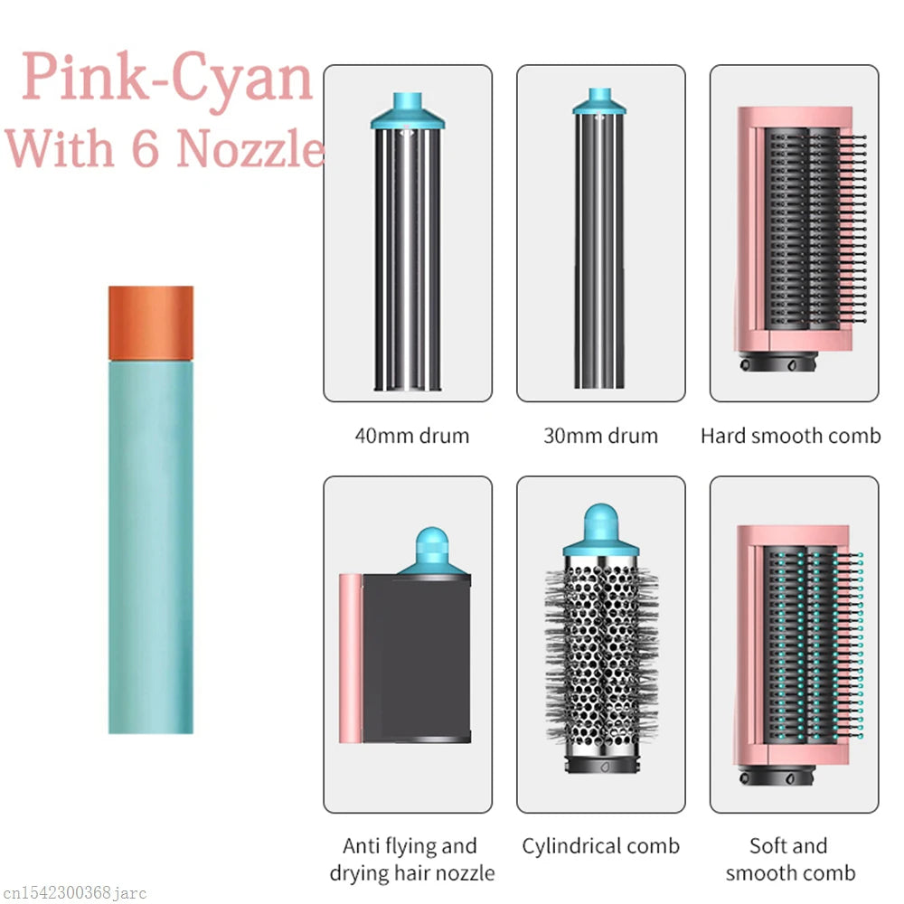 SenCiciMen X9 pink-cyan 6-in-1 hot air brush set with curling barrels, drying nozzle, and smoothing styling brushes.