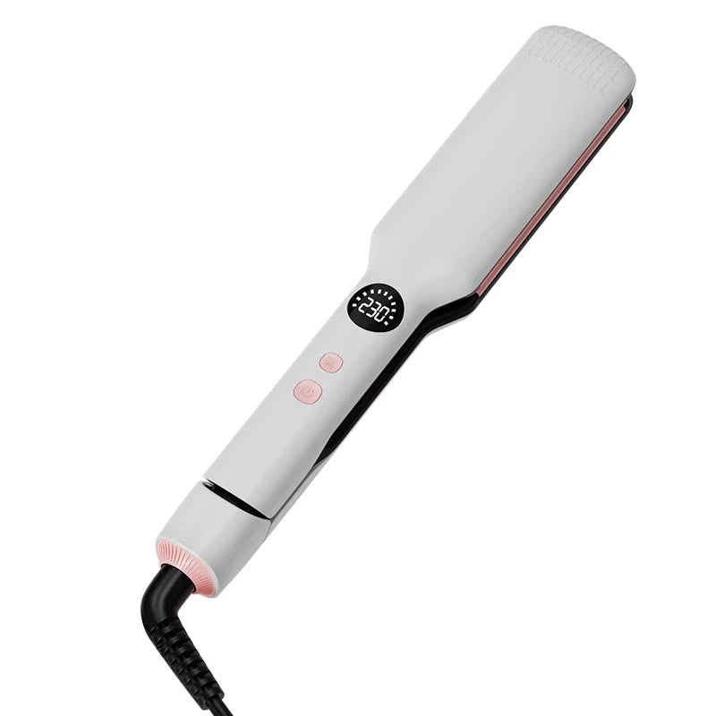 White professional hair straightener with wide plates, digital temperature display, and pink accent buttons.