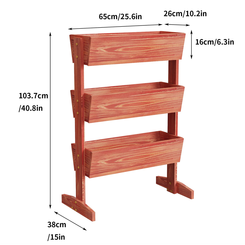 4-tier raised wooden planter box, reddish brown, side view showing frame and tiers