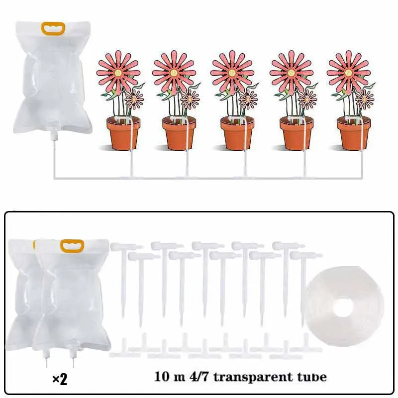 Automatic drip irrigation bag kit with 10 m transparent tube, stakes, and dripper regulators