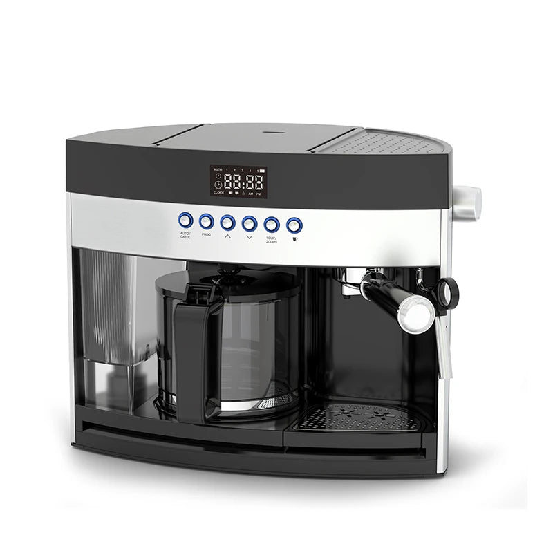 Black and silver digital coffee maker with glass carafe, programmable display, and built-in espresso milk frother.