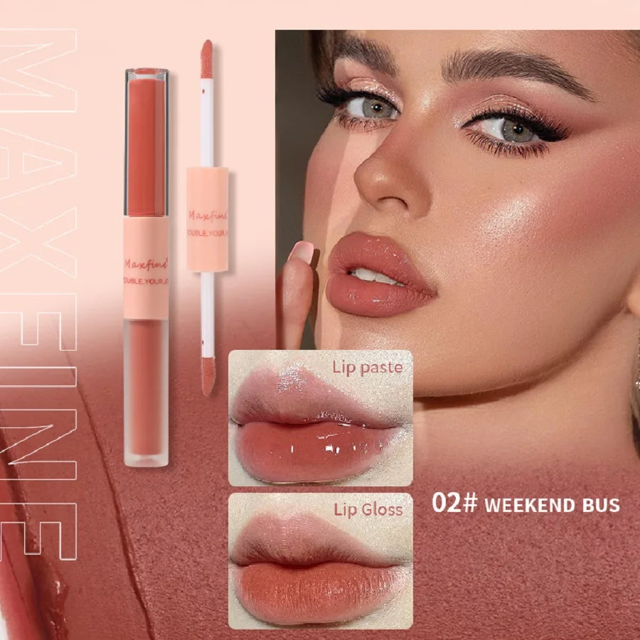 Maxfine double-ended lip gloss in 02 Weekend Bus features a velvet matte and high-shine mirror finish lip makeup.