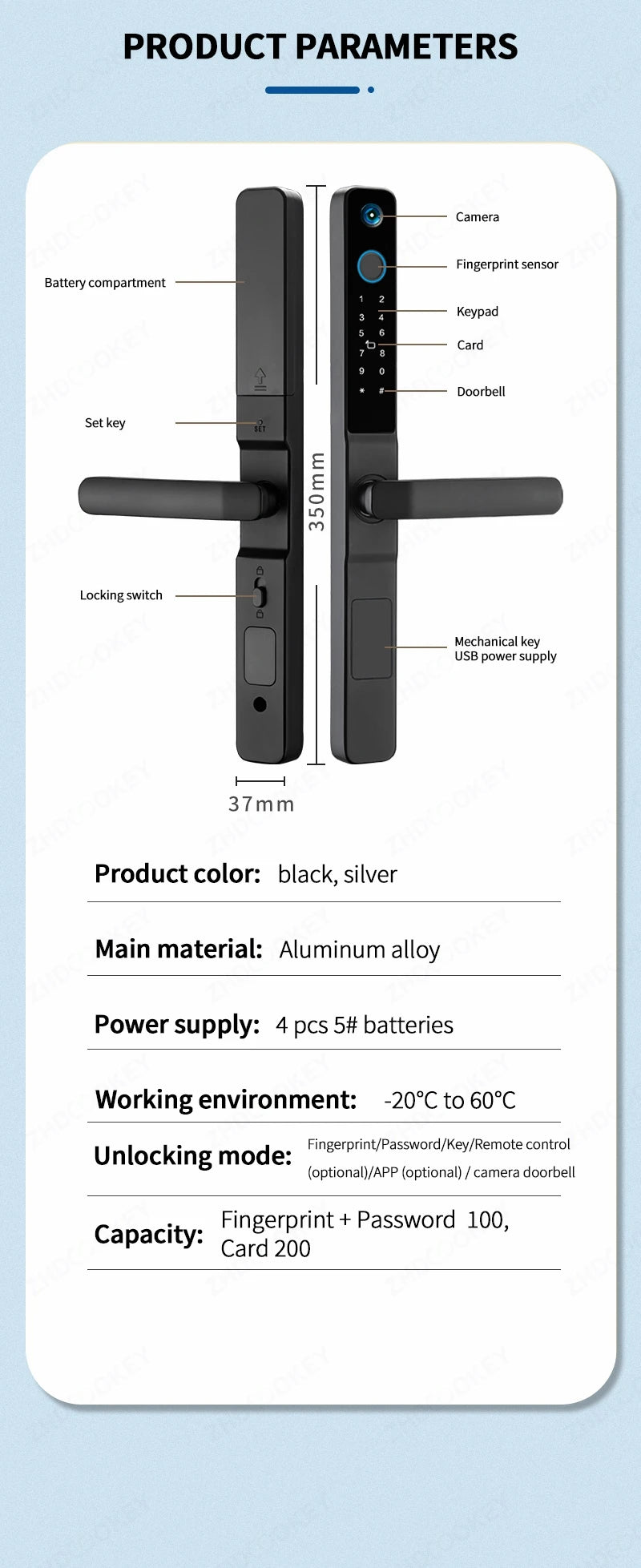 Smart Lock with Camera Door Viewer Waterproof IP66 Tuya WiFi Fingerprint Password Sliding RFID Card Sliding Electronic Door Lock