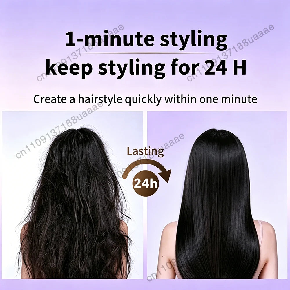 Before and after results of 2-in-1 negative ion hair dryer and straightener for sleek, 24-hour long-lasting styling.