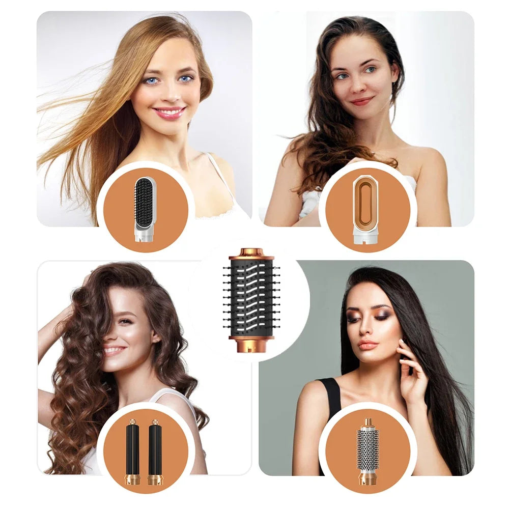 6-in-1 hair dryer brush set with gold attachments, curling iron, and straightening comb for professional hair styling.