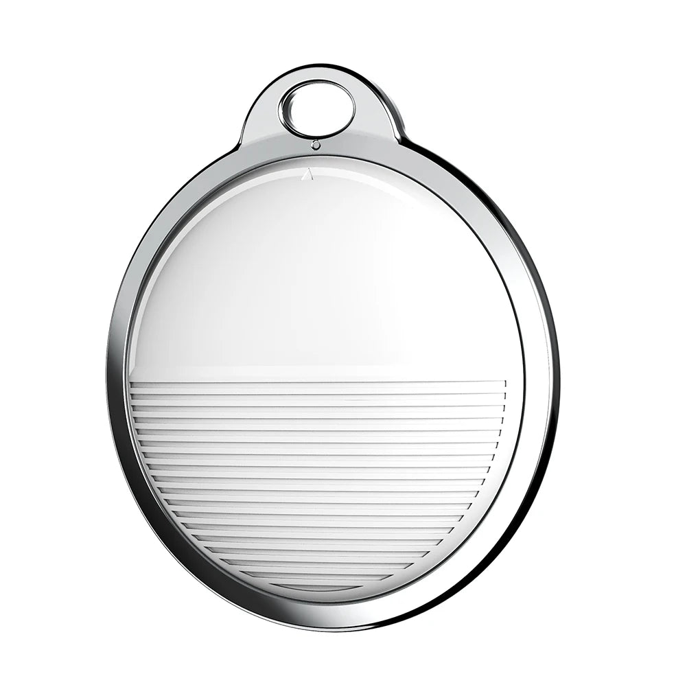 Silver mini smart GPS pet tracker, compatible with Apple Find My for easy pet location tracking and safety.