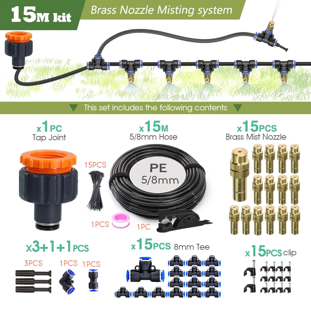 15M brass nozzle misting system kit contents: 5/8mm hose, brass nozzles, tees, clips