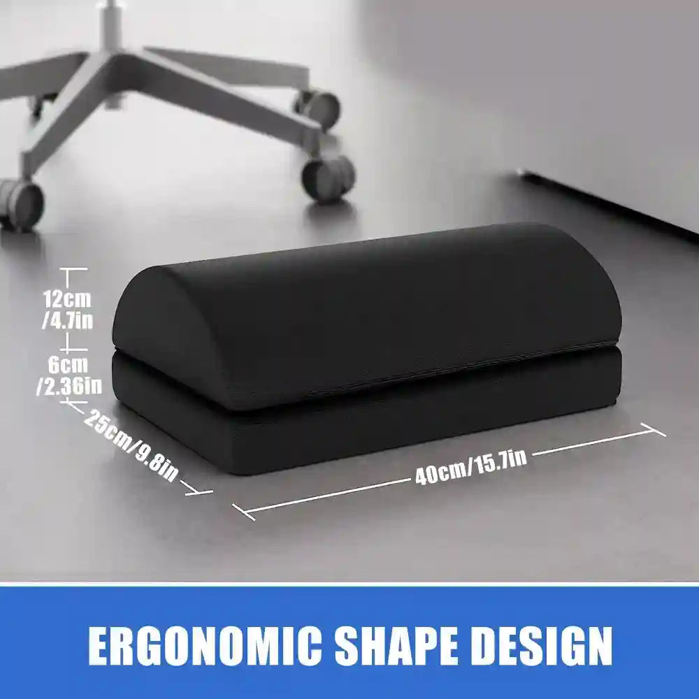 Black adjustable memory foam under-desk foot rest with ergonomic design for office or gaming chair pain relief.