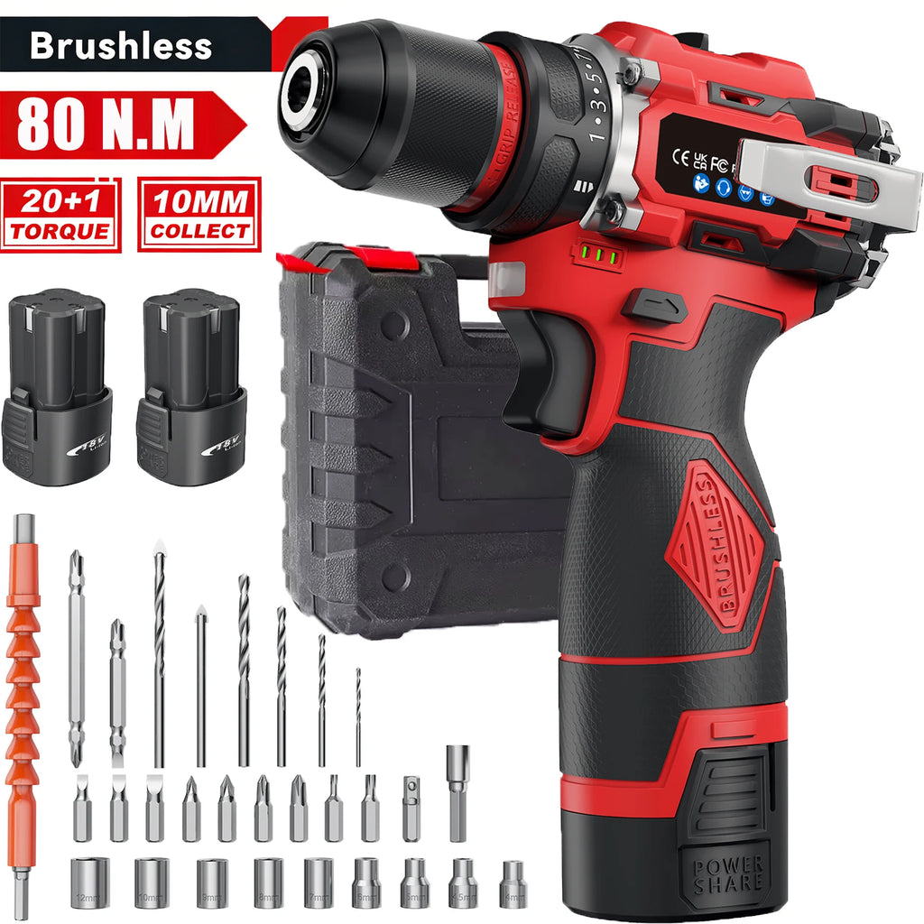 3-in-1 Brushless Electric Screwdriver 80Nm Torque Cordless Handheld Drill Impact Drill 16.8V Household Impact Power Tool