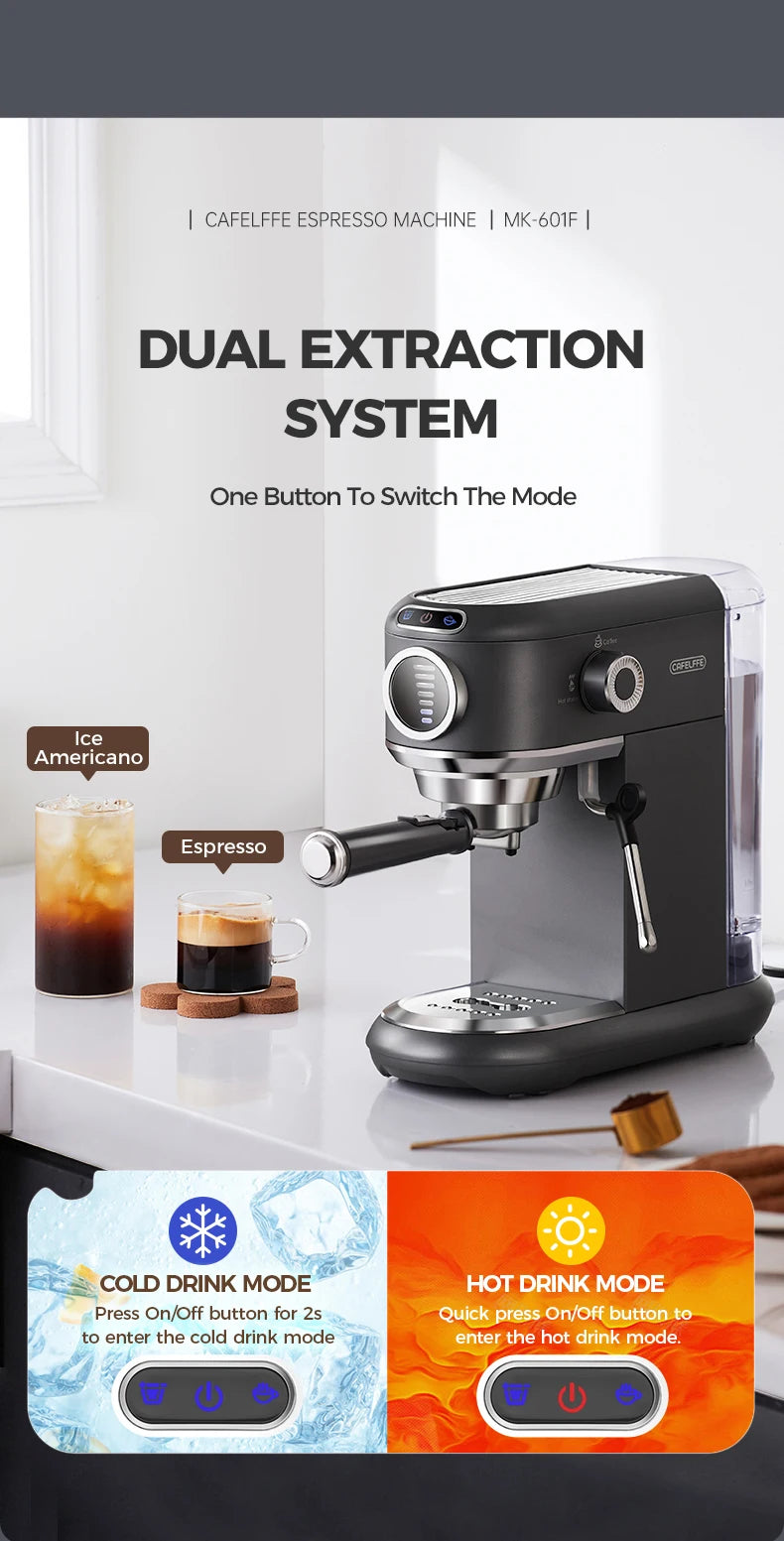 Cafelffe MK-601F matte black espresso machine with dual hot and cold extraction system and stainless steel accents.