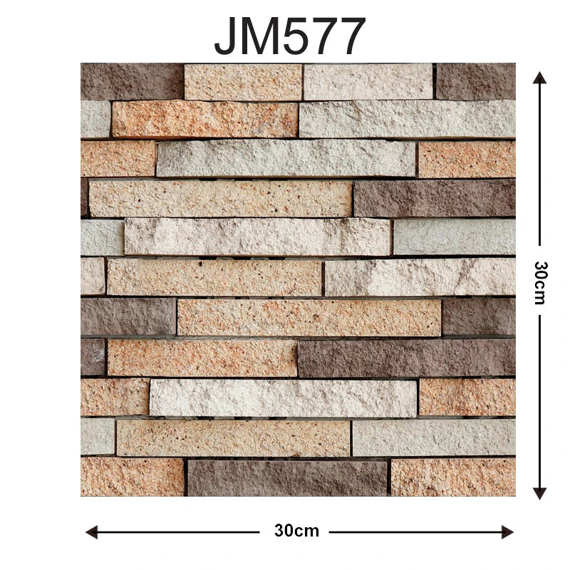 Peel-and-stick brick backsplash tiles, mixed beige, gray, and rust stone look