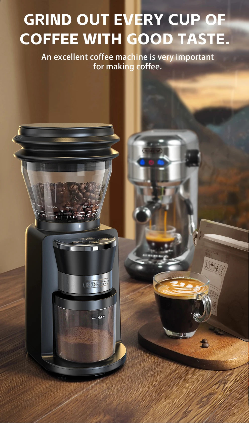 HiBREW black electric coffee grinder with clear bean hopper and grounds container next to espresso machine on table.