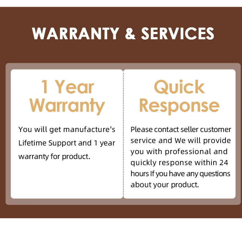 Warranty and customer service information for coffee or tea maker, featuring a 1-year warranty and 24-hour support.